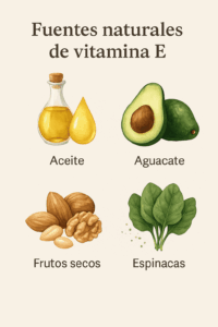 Fuentes naturales de vitamina E: aceites vegetales, aguacate, frutos secos y espinacas.