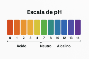 Escala de pH con valores del 0 al 14 mostrando niveles ácido, neutro y alcalino.