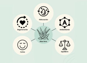 Beneficios del aloe vera: hidratante, antioxidante, calmante, regenerador y equilibrante.