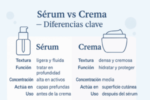 Infografía comparativa que muestra las diferencias clave entre sérum y crema: textura, función, concentración y orden de aplicación.