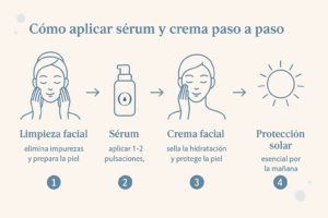Infografía con los pasos para aplicar sérum y crema facial: limpieza, sérum, crema y protección solar.