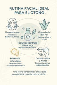 Infografía sobre la rutina facial ideal en otoño con los pasos: limpieza suave, sérum concentrado de markosmetics, crema facial nutritiva, protección solar y cuidado de labios y manos.