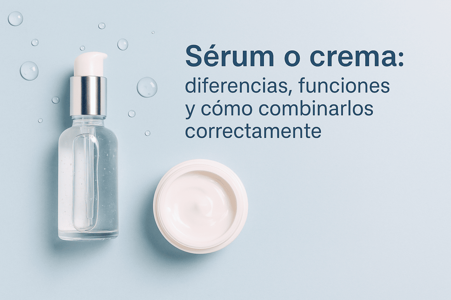Envase de sérum y crema facial sobre fondo azul claro, ilustrando las diferencias y cómo combinarlos correctamente.