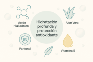 Ilustración con ácido hialurónico, aloe vera, pantenol y vitamina E. Ingredientes hidratantes y antioxidantes de los sérums Markosmetics.