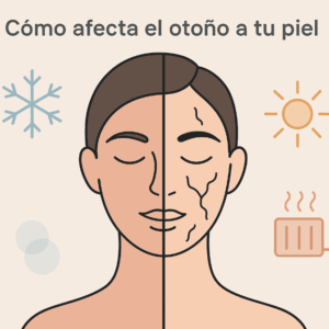 Ilustración facial que muestra cómo el otoño afecta a la piel, con frío, calefacción y sol como factores de deshidratación y sequedad cutánea.