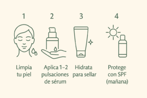 Infografía con los pasos para aplicar correctamente un sérum según Markosmetics.