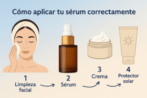 Infografía con los pasos para aplicar correctamente el sérum facial: limpieza, sérum con bomba dosificadora, crema y protector solar, sobre fondo azul–beige.