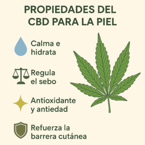 Infografía de las propiedades del CBD para la piel: calma, regula el sebo, antioxidante y refuerza la barrera cutánea. 