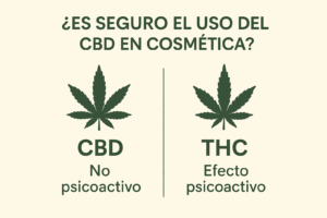 Comparativa entre CBD y THC que muestra sus diferencias en cosmética: el CBD no es psicoactivo, el THC sí. 
