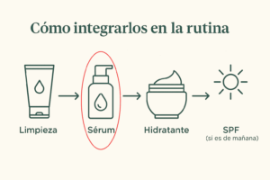 Infografía que muestra cómo integrar Bakuchiol y Bidens pilosa en la rutina facial: limpieza, sérum, hidratante y SPF.