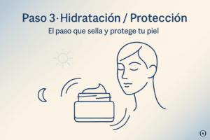 Paso 3 de la rutina facial minimalista vegana: hidratación o protección solar según el momento del día.