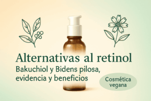 Portada del artículo sobre alternativas veganas al retinol con ilustraciones de Bakuchiol y Bidens pilosa y envase de sérum con bomba dosificadora.