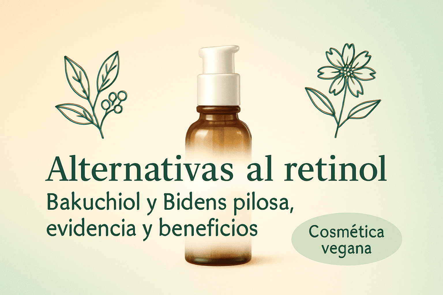 Portada del artículo sobre alternativas veganas al retinol con ilustraciones de Bakuchiol y Bidens pilosa y envase de sérum con bomba dosificadora.