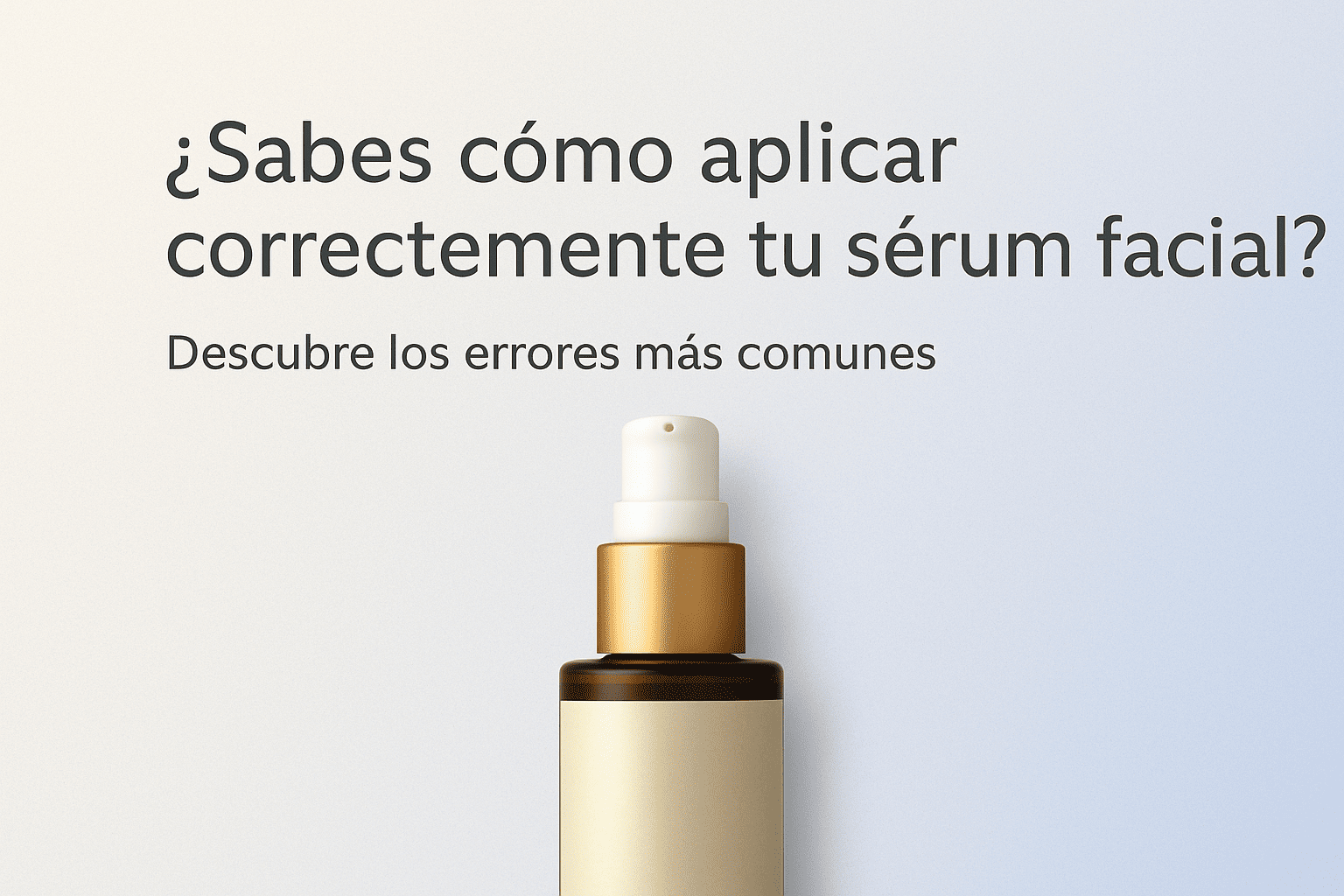 Envase de sérum con bomba dosificadora sobre fondo beige y azul suave con texto “¿Sabes cómo aplicar correctamente tu sérum facial? Descubre los errores más comunes”.