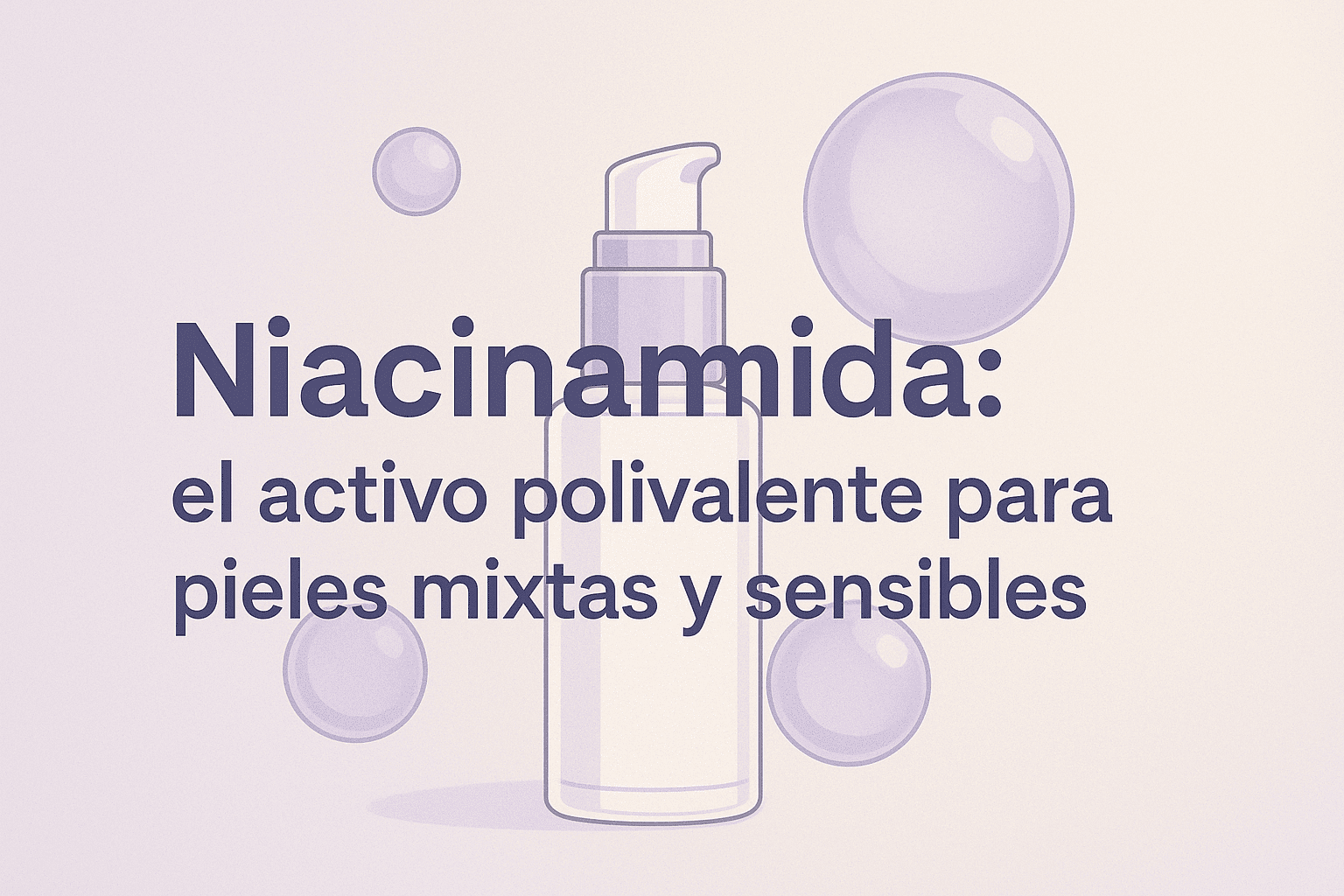 Ilustración con un sérum de Markosmetics y burbujas lilas, destacando el título Niacinamida: el activo polivalente para pieles mixtas y sensibles.