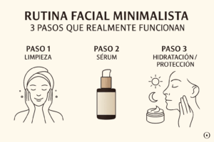Resumen visual de la rutina facial minimalista vegana en 3 pasos: limpieza, sérum e hidratación o protección.