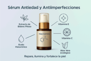 Ilustración del Sérum Antiedad y Antiimperfecciones de Markosmetics con niacinamida y activos como ácido hialurónico, vitamina C, vitamina E, aloe vera ecológico y extracto de bidens pilosa.