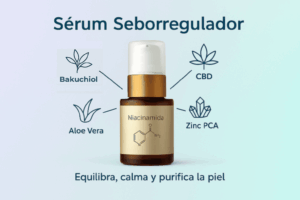 Ilustración del Sérum Seborregulador de Markosmetics con niacinamida, aloe vera, CBD, zinc PCA y extracto de bidens pilosa.