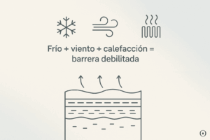Infografía que explica cómo el frío, el viento y la calefacción debilitan la barrera cutánea en invierno.