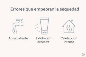 Infografía con los errores más comunes que empeoran la sequedad en invierno: agua caliente, exfoliación excesiva y calefacción intensa.