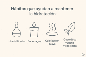 Infografía con hábitos que ayudan a mantener la hidratación en invierno: humidificador, beber agua, regular la calefacción y usar cosmética vegana y ecológica.