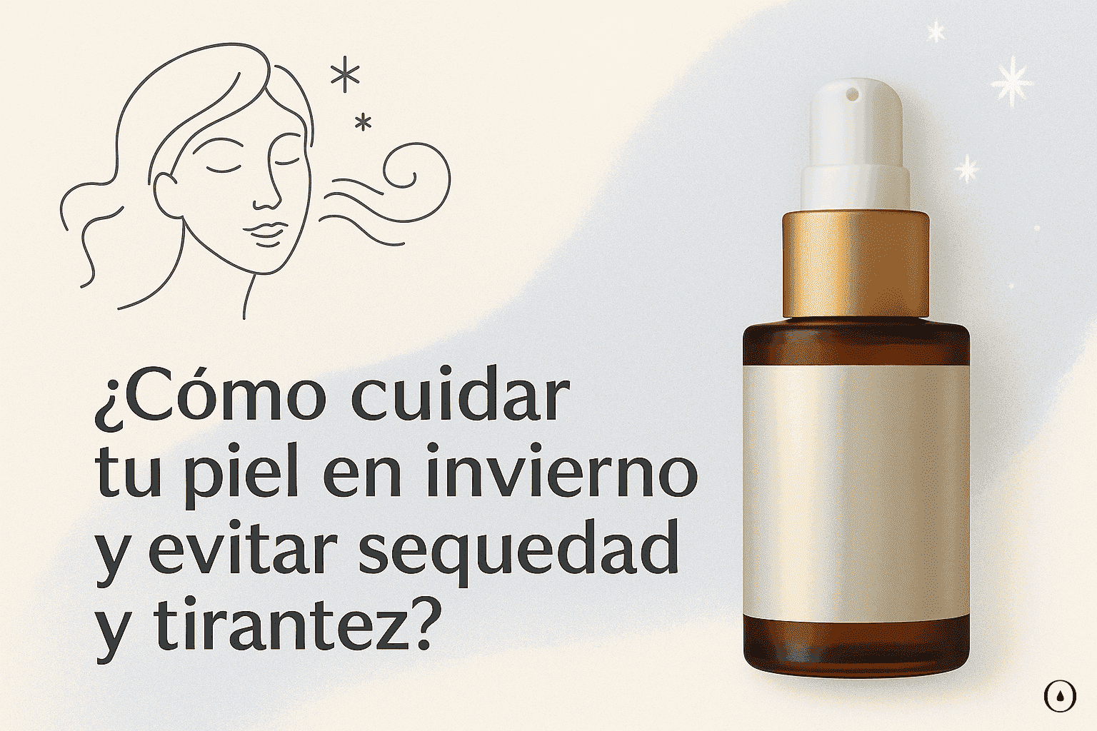 Ilustración minimalista sobre cómo cuidar la piel en invierno para evitar sequedad, con frasco de sérum Markosmetics.
