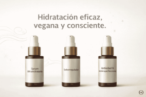 Imagen promocional de los tres sérums de Markosmetics para el cuidado de la piel en invierno: ultrahidratante, seborregulador y antiedad antiimperfecciones.