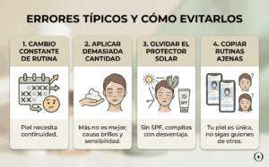 Errores típicos al usar sérums: cambiar rutina, aplicar demasiada cantidad, olvidar SPF y copiar rutinas ajenas
