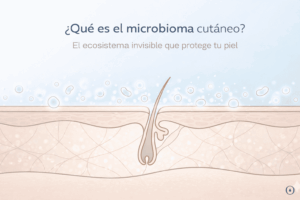 Ilustración del equilibrio del microbioma cutáneo en piel grasa y acné, mostrando un enfoque respetuoso frente a tratamientos agresivos.