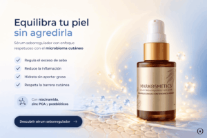 Ilustración del efecto de los postbióticos en la piel, reforzando la barrera cutánea y equilibrando el microbioma.