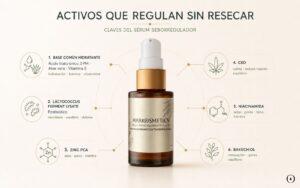 Sérum Seborregulador de Markosmetics rodeado de sus activos principales para equilibrar piel mixta sin resecar.
