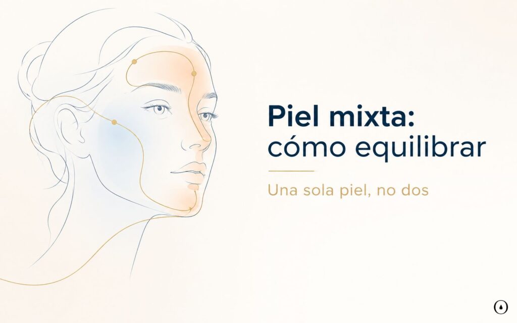 Ilustración editorial sobre cómo cuidar piel mixta equilibrando la zona T y las mejillas con una rutina facial adecuada.