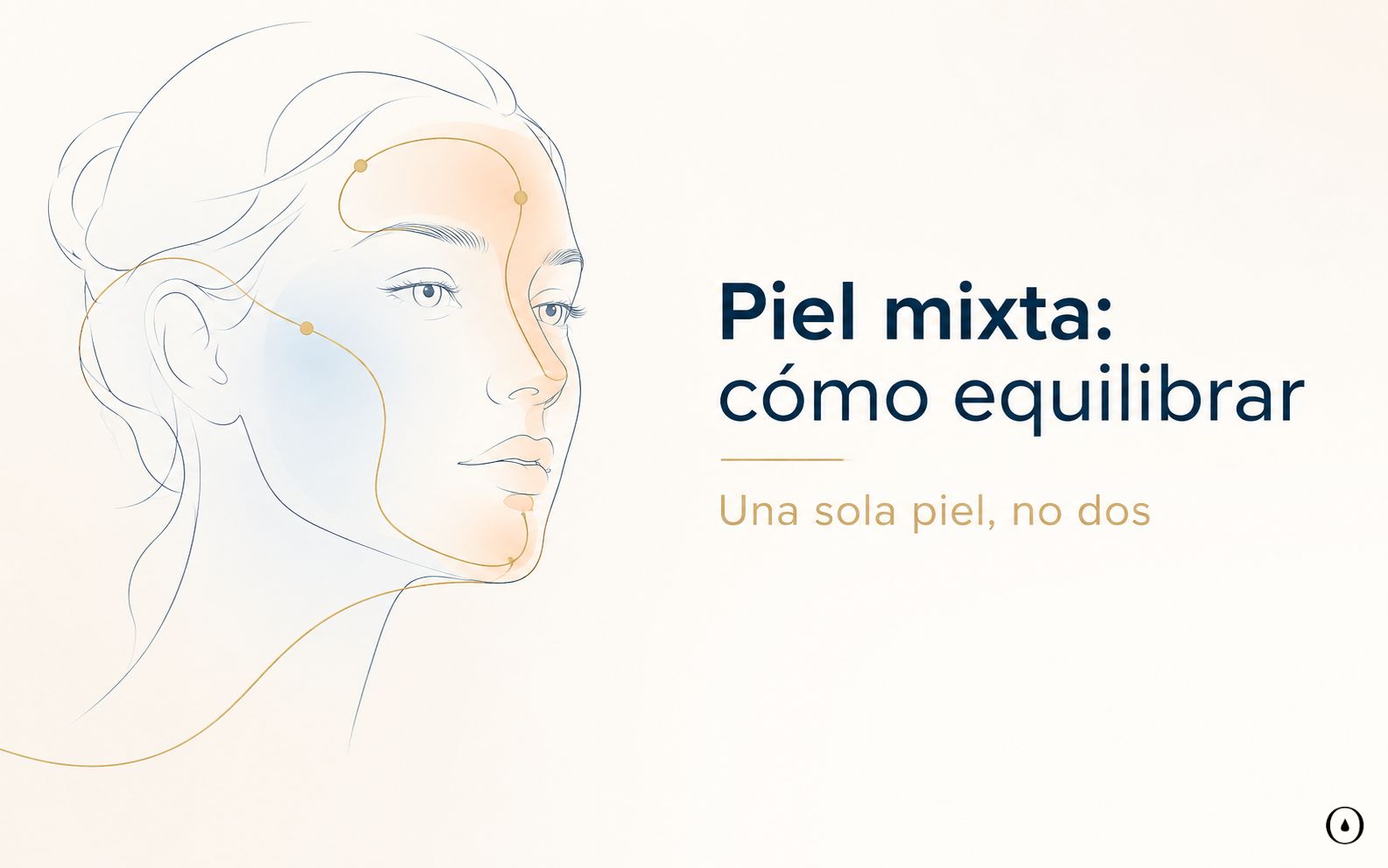 Ilustración editorial sobre cómo cuidar piel mixta equilibrando la zona T y las mejillas con una rutina facial adecuada.