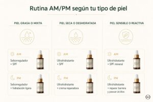 Rutina facial AM PM según tipo de piel para piel grasa, seca o sensible durante primavera y verano
