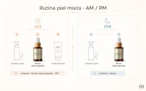 Rutina facial para piel mixta por la mañana y por la noche con limpieza suave, sérum seborregulador y fotoprotección.