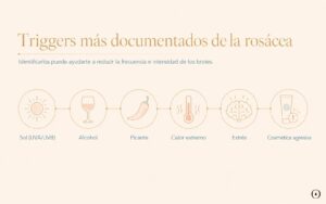 Infografía con desencadenantes frecuentes de la rosácea como sol, alcohol, picante, calor extremo, estrés y cosmética agresiva.