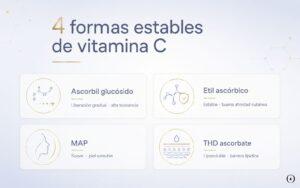 Infografía con cuatro formas estables de vitamina C en cosmética: ascorbil glucósido, etil ascórbico, MAP y THD ascorbate