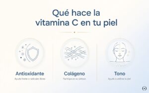 Infografía sobre los beneficios cosméticos de la vitamina C en la piel: antioxidante, colágeno y tono uniforme