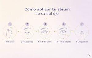 Guía para aplicar sérum cerca del ojo con toques suaves y a 1 cm del párpado