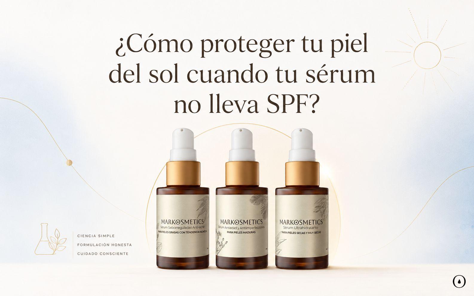 Tres sérums Markosmetics en una guía sobre cómo proteger la piel del sol cuando el sérum no lleva SPF