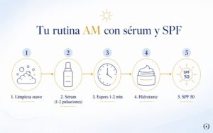 Rutina facial AM en cinco pasos: limpieza, sérum, espera, hidratante y fotoprotector SPF 50