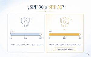 Comparativa entre SPF 30 y SPF 50 según el porcentaje aproximado de radiación UVB filtrada