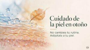 Ilustración de las capas de la piel con gotas de agua y una hoja otoñal que representa la adaptación del cuidado facial en otoño. Copiar ALT