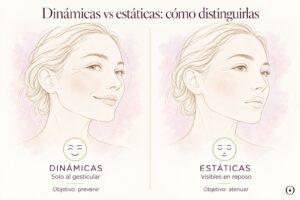 Comparación de líneas de expresión dinámicas al sonreír y arrugas estáticas visibles con el rostro en reposo.