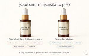 Comparativa de los sérums Antiedad y Ultrahidratante de MARKOSMETICS con sus principales ingredientes para el cuidado de la piel apagada.