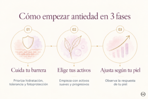 Infografía de rutina antiedad en 3 fases: cuidar la barrera cutánea, elegir activos y ajustar el cuidado según la piel.