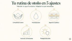 Infografía con cinco ajustes para la rutina facial en otoño: limpieza suave, hidratación, aporte lipídico, activos correctores y fotoprotección. Copiar ALT