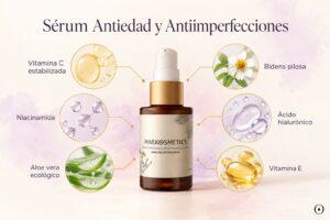 Sérum Antiedad y Antiimperfecciones MARKOSMETICS con vitamina C estabilizada, niacinamida, aloe vera ecológico, Bidens pilosa, ácido hialurónico y vitamina E.
