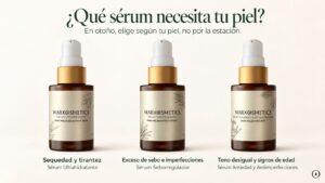 Tres sérums MARKOSMETICS: Ultrahidratante para sequedad, Seborregulador para exceso de sebo y Antiedad para tono desigual y signos de edad. Copiar ALT